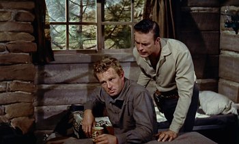 Movie still from “Johnny Guitar” (1954), directed by Nicholas Ray – Two men sitting on a couch in front of a window; Medium shot, Low angle