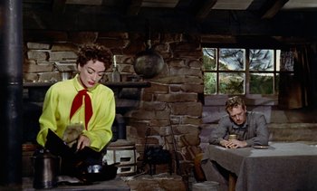 Movie still from “Johnny Guitar” (1954), directed by Nicholas Ray – A man and a woman sitting at a table in front of a fireplace; Medium shot, Low angle