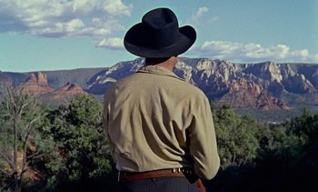 Movie still from “Johnny Guitar” (1954), directed by Nicholas Ray – A man wearing a cowboy hat looking out at a mountain range; Medium shot, Low angle