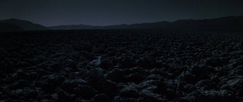 Movie still from “Jonathan Livingston Seagull” (1973), directed by Hall Bartlett – A bird sitting on top of a rock in the middle of a field at night; Extreme Wide shot, High angle