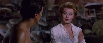Movie still from “Journey to the Center of the Earth” (1959), directed by Henry Levin – A man and a woman talking to each other; Close Up shot, Over the shoulder angle