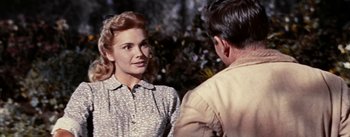 Movie still from “Jubal” (1956), directed by Delmer Daves – An older woman talking to an older man in front of a bush; Close Up shot, Over the shoulder angle