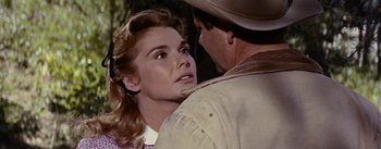 Movie still from “Jubal” (1956), directed by Delmer Daves – A man and a woman looking into each other's eyes; Close Up shot, Over the shoulder angle