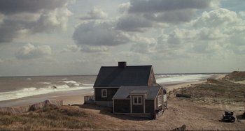 Movie still from “Julia” (1977), directed by Fred Zinnemann – A house on the beach near the ocean; Extreme Wide shot, High angle