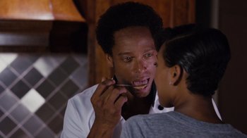 Movie still from “Jumping the Broom” (2011), directed by Salim Akil – A man is brushing his teeth with a toothbrush; Close Up shot, Over the shoulder angle