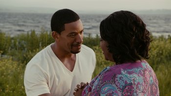 Movie still from “Jumping the Broom” (2011), directed by Salim Akil – A man and a woman talking to each other; Medium shot, Over the shoulder angle