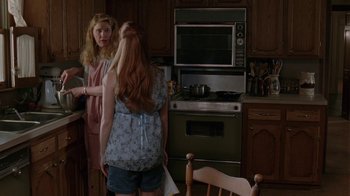 Movie still from “Junebug” (2005), directed by Phil Morrison – Two women standing in front of an oven in a kitchen; Medium shot, Over the shoulder angle