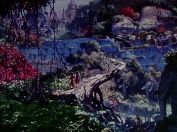Movie still from “The Jungle Book” (1942), directed by Zoltan Korda – A painting of people walking on a path in the woods; Extreme Wide shot, High angle