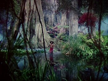 Movie still from “The Jungle Book” (1942), directed by Zoltan Korda – A woman standing in a pond surrounded by trees and plants; Extreme Wide shot, High angle
