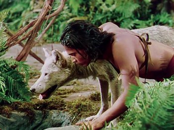 Movie still from “The Jungle Book” (1942), directed by Zoltan Korda – A man and a dog in the jungle; Medium shot, High angle