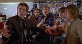 Movie still from “Just My Luck” (2006), directed by Donald Petrie – A group of young men sitting at a table; Medium shot, Low angle