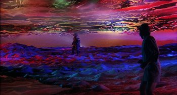 Movie still from “Kagemusha” (1980), directed by Akira Kurosawa – A man standing on top of a hill with clouds in the background; Extreme Wide shot, High angle