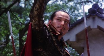 Movie still from “Kagemusha” (1980), directed by Akira Kurosawa – A man with a beard and a red cape; Close Up shot, Low angle