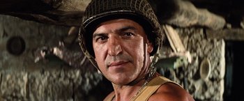 Movie still from “Kelly's Heroes” (1970), directed by Brian G. Hutton – A person wearing a helmet; Close Up shot, Low angle