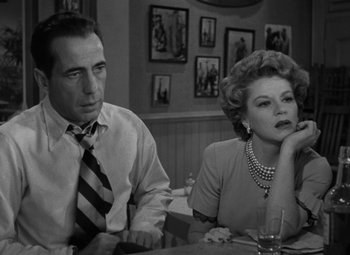 Movie still from “Key Largo” (1948), directed by John Huston – A man and a woman sitting at a dinner table; Medium shot, Over the shoulder angle