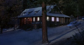 Movie still from “Kid Galahad” (1962), directed by Phil Karlson – A log cabin in the woods at night with lights on; Extreme Wide shot, High angle