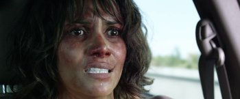 Movie still from “Kidnap” (2017), directed by Luis Prieto – A person with a mouth open and eyes wide open; Close Up shot, Over the shoulder angle