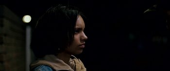 Movie still from “Kidulthood” (2006), directed by Menhaj Huda – A young woman is looking to her left; Close Up shot, Low angle