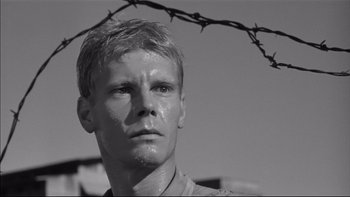 Movie still from “King Rat” (1965), directed by Bryan Forbes – Black and white photograph of a man with a barbed - wire fence in the background; Close Up shot, Low angle