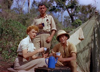 Movie still from “King Solomon's Mines” (1950), directed by Andrew Marton – A group of men and women sitting around a tent drinking tea; Medium shot, Low angle