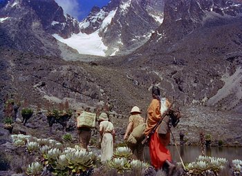Movie still from “King Solomon's Mines” (1950), directed by Andrew Marton – A group of people walking through a field of flowers; Extreme Wide shot, High angle