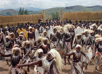 Movie still from “King Solomon's Mines” (1950), directed by Andrew Marton – A group of men in traditional clothing dancing; Wide shot, High angle