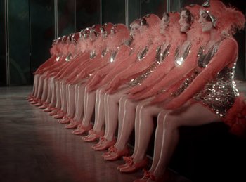 Movie still from “King of Jazz” (1930), directed by Walter Lantz – A group of women sitting in front of a mirror; Wide shot, High angle