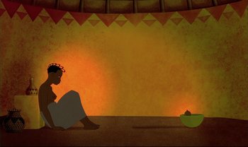 Movie still from “Kirikou and the Sorceress” (1998), directed by Raymond Burlet – An illustration of a woman sitting on the ground; Wide shot, High angle