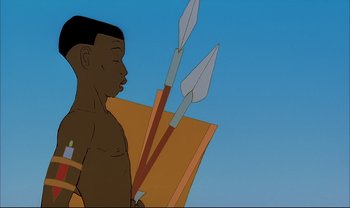 Movie still from “Kirikou and the Sorceress” (1998), directed by Raymond Burlet – An animation of a man holding a bow and arrow; Close Up shot, Low angle