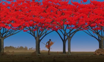 Movie still from “Kirikou and the Sorceress” (1998), directed by Raymond Burlet – A man standing in front of two red trees holding a board; Extreme Wide shot, Overhead angle