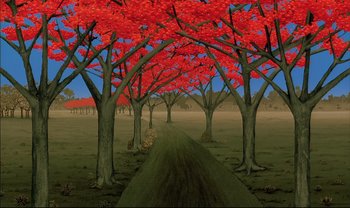 Movie still from “Kirikou and the Sorceress” (1998), directed by Raymond Burlet – A painting of a path through a forest with red trees; Extreme Wide shot, High angle