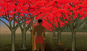 Movie still from “Kirikou and the Sorceress” (1998), directed by Raymond Burlet – A man standing in front of a forest of red trees; Extreme Wide shot, High angle