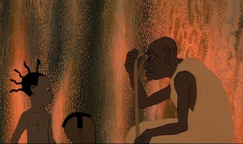 Movie still from “Kirikou and the Sorceress” (1998), directed by Raymond Burlet – An animated scene of a man and a boy in front of a waterfall; Medium shot, High angle