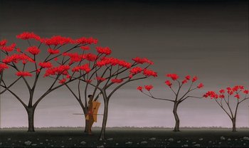 Movie still from “Kirikou and the Sorceress” (1998), directed by Raymond Burlet – A painting of a man holding a painting in front of trees; Extreme Wide shot, Low angle