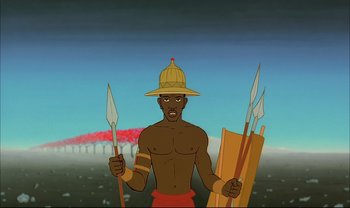 Movie still from “Kirikou and the Sorceress” (1998), directed by Raymond Burlet – An animated man in a hat holding two spears; Medium shot, Low angle