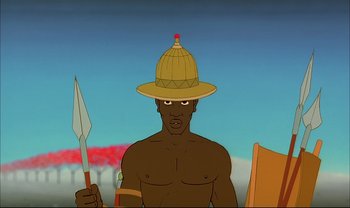 Movie still from “Kirikou and the Sorceress” (1998), directed by Raymond Burlet – An animated character is holding a spear and helmet; Close Up shot, High angle