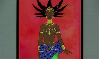 Movie still from “Kirikou and the Sorceress” (1998), directed by Raymond Burlet – An african woman with a large head dress; Medium shot, Low angle