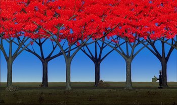 Movie still from “Kirikou and the Sorceress” (1998), directed by Raymond Burlet – A group of red trees in a field with a blue sky in the background; Extreme Wide shot, Low angle