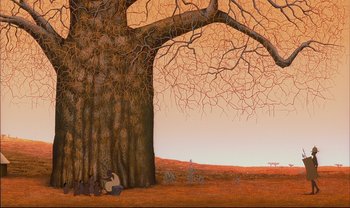 Movie still from “Kirikou and the Sorceress” (1998), directed by Raymond Burlet – A painting of a tree with a bunch of people sitting under it; Extreme Wide shot, Low angle