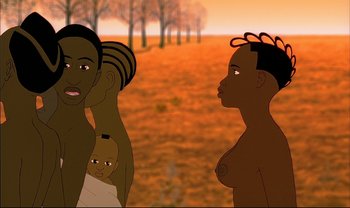 Movie still from “Kirikou and the Sorceress” (1998), directed by Raymond Burlet – Two women and a baby in front of a field; Close Up shot, High angle