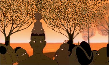 Movie still from “Kirikou and the Sorceress” (1998), directed by Raymond Burlet – An illustration of a man with a baby on top of his head; Medium shot, High angle