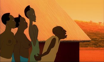 Movie still from “Kirikou and the Sorceress” (1998), directed by Raymond Burlet – A group of people standing next to each other in front of an orange sky; Medium shot, Over the shoulder angle