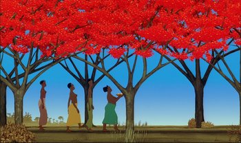 Movie still from “Kirikou and the Sorceress” (1998), directed by Raymond Burlet – Two women standing next to a tree with red leaves; Extreme Wide shot, Low angle