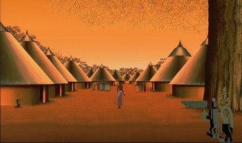 Movie still from “Kirikou and the Sorceress” (1998), directed by Raymond Burlet – An illustration of a woman walking through a village; Extreme Wide shot, High angle