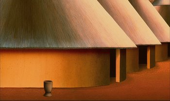 Movie still from “Kirikou and the Sorceress” (1998), directed by Raymond Burlet – An image of a bowl in front of a building; Extreme Wide shot, Low angle