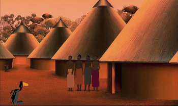 Movie still from “Kirikou and the Sorceress” (1998), directed by Raymond Burlet – A group of women standing in front of a row of huts; Extreme Wide shot, Low angle