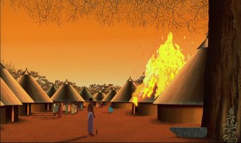 Movie still from “Kirikou and the Sorceress” (1998), directed by Raymond Burlet – An illustration of people standing in front of a fire; Extreme Wide shot, High angle