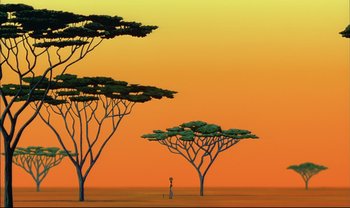 Movie still from “Kirikou and the Sorceress” (1998), directed by Raymond Burlet – A couple of trees in the middle of an orange sky; Extreme Wide shot, Low angle