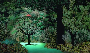Movie still from “Kirikou and the Sorceress” (1998), directed by Raymond Burlet – A painting of a tree in the middle of a forest; Extreme Wide shot, High angle