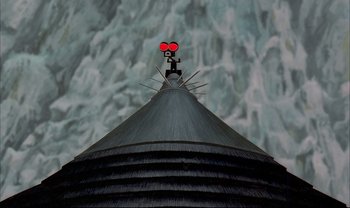 Movie still from “Kirikou and the Sorceress” (1998), directed by Raymond Burlet – View of the top part of a water tower; Extreme Close Up shot, Low angle